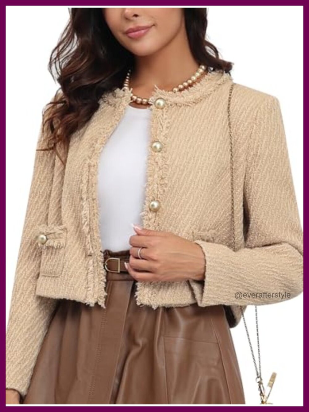Tweed Cropped Blazer Jacket Collarless Button Pockets Business Casual